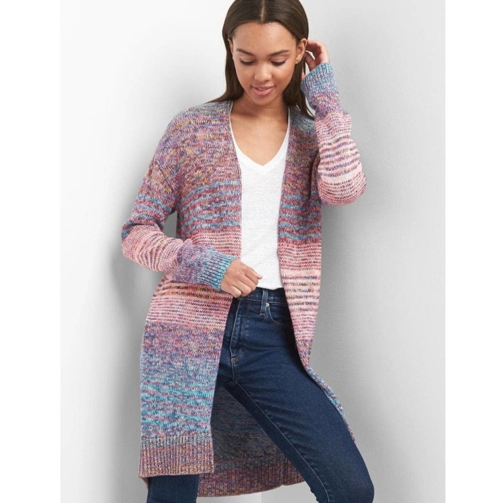GAP Multi Marled Pastel Stripe Open Long Cardigan Cotton Long Sleeve S Tall